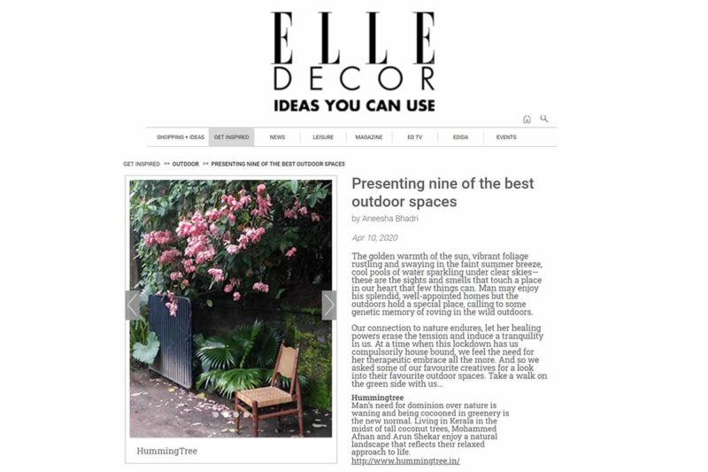 Humming Tree outdoor space featured on Elle Decor for Inspiration.